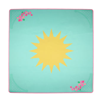 Turquoise Mahjong mat with a large yellow sun in the center and pink floral corner details