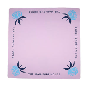 Lavender Mahjong mat with blue peony corner details and “The Mahjong House” logo