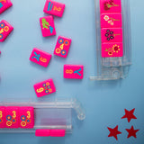 Light blue Mahjong mat with red stars in two corners and royal blue trim