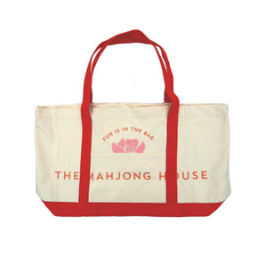 Red canvas Mahjong carry-all tote bag with logo, perfect for storing tiles, racks, mats, and game accessories