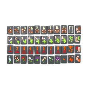 Olive Texas-themed Mahjong tiles featuring Western-inspired designs like cowboy boots, wildflowers, and BBQ motifs for playful and bold game night vibes