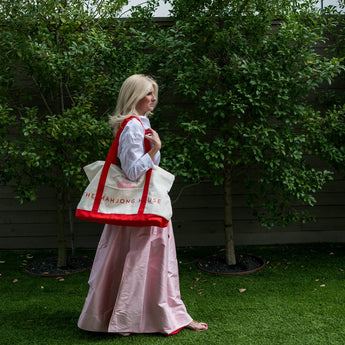Red canvas Mahjong carry-all tote bag with logo, perfect for storing tiles, racks, mats, and game accessories