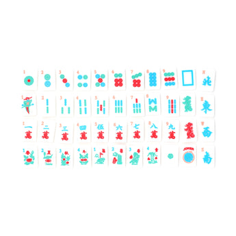 Classic white Mahjong tile set featuring colorful symbols in red, blue, and green arranged in suits and specialty tiles, displayed on a white background.