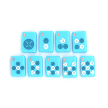 Bright blue Mahjong tiles from island collection featuring dots. Tile size: 1" x 1 7/16" x 7/16". 