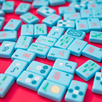Bright blue Mahjong tiles from island collection. Tile size: 1" x 1 7/16" x 7/16". 