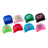 Brightly colored Mahjong-themed trucker hats with playful team names like Joker Junkies and Flower Power