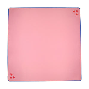 Pink Mahjong mat with red stars in two corners and royal blue trim