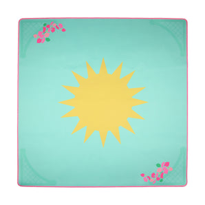Turquoise Mahjong mat with a large yellow sun in the center and pink floral corner details