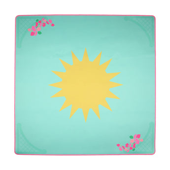 Turquoise Mahjong mat with a large yellow sun in the center and pink floral corner details