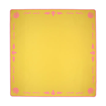 Yellow Mahjong mat with pink seashell and ocean-inspired border
