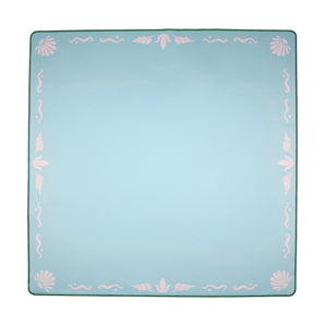 Blue Mahjong mat with light pink seashell and ocean-inspired border