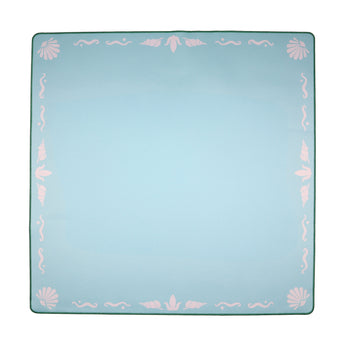 Blue Mahjong mat with light pink seashell and ocean-inspired border