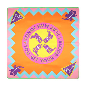 Colorful TCU Mahjong mat with cowboy boots, gators, and “Go Frogs” pennants in bold purple, pink, orange, and blue