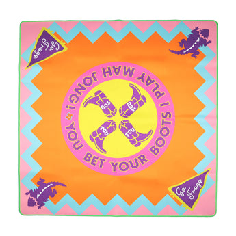 Colorful TCU Mahjong mat with cowboy boots, gators, and “Go Frogs” pennants in bold purple, pink, orange, and blue