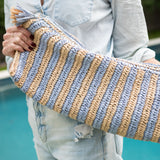 Large purple and tan striped raffia Mahjong bag