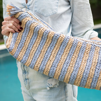 Large purple and tan striped raffia Mahjong bag