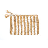 White and tan striped raffia Mahjong bag