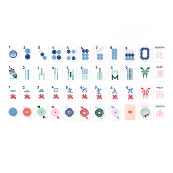 Pink Mahjong tile set from the House Collection, featuring intricately designed tiles with floral motifs, butterflies, and peacocks. Tile size: 1" x 1 7/16" x 7/16". 