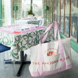 Pink canvas Mahjong carry-all tote bag with logo, perfect for storing tiles, racks, mats, and game accessories