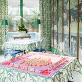 Coral Mahjong mat with blue peony corner details and “The Mahjong House” logo