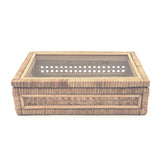 Handwoven rattan Mahjong tile box with glass top, neutral tones, and island-inspired details from the Island Collection. Fits a full-size tile set.