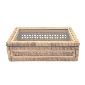 Handwoven rattan Mahjong tile box with glass top, neutral tones, and island-inspired details from the Island Collection. Fits a full-size tile set.