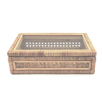 Handwoven rattan Mahjong tile box with glass top, neutral tones, and island-inspired details from the Island Collection. Fits a full-size tile set.