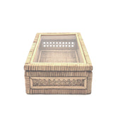 Handwoven rattan Mahjong tile box with glass top, neutral tones, and island-inspired details from the Island Collection. Fits a full-size tile set.
