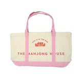 Pink canvas Mahjong carry-all tote bag with logo, perfect for storing tiles, racks, mats, and game accessories