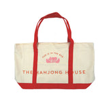 Red canvas Mahjong carry-all tote bag with logo, perfect for storing tiles, racks, mats, and game accessories
