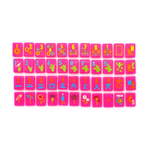 Hot pink Texas-themed Mahjong tiles featuring Western-inspired designs like cowboy boots, wildflowers, and BBQ motifs for playful and bold game night vibes