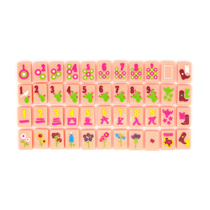 Pink Texas-themed Mahjong tiles featuring Western-inspired designs like cowboy boots, wildflowers, and BBQ motifs for playful and bold game night vibes