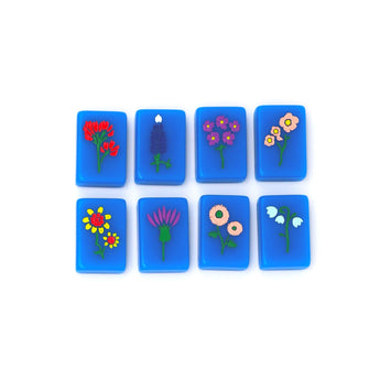 Blue Texas-themed Mahjong tiles featuring flowers