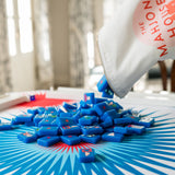 Blue Texas-themed Mahjong tiles featuring Western-inspired designs like cowboy boots, wildflowers, and BBQ motifs for playful and bold game night vibes